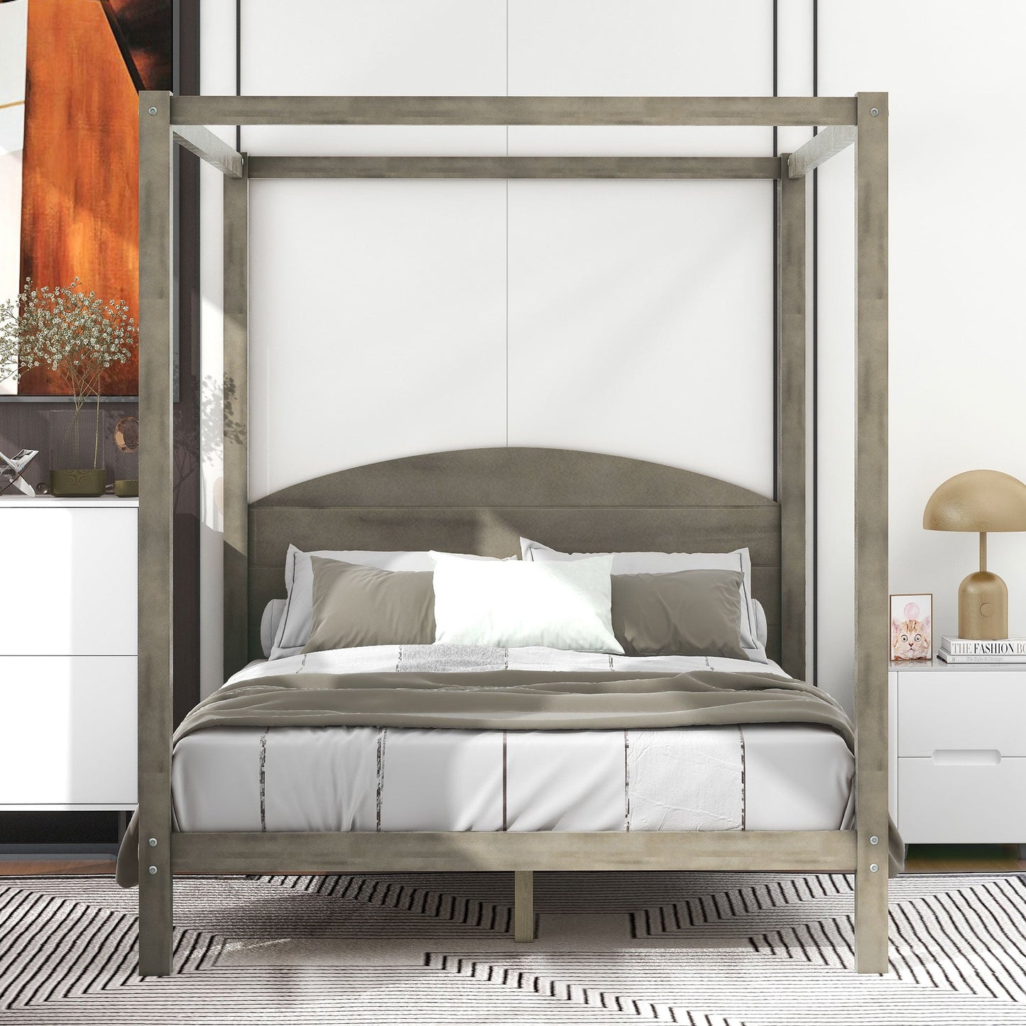 Elegant Queen Size Canopy Platform Bed with Headboard - Brown Wash