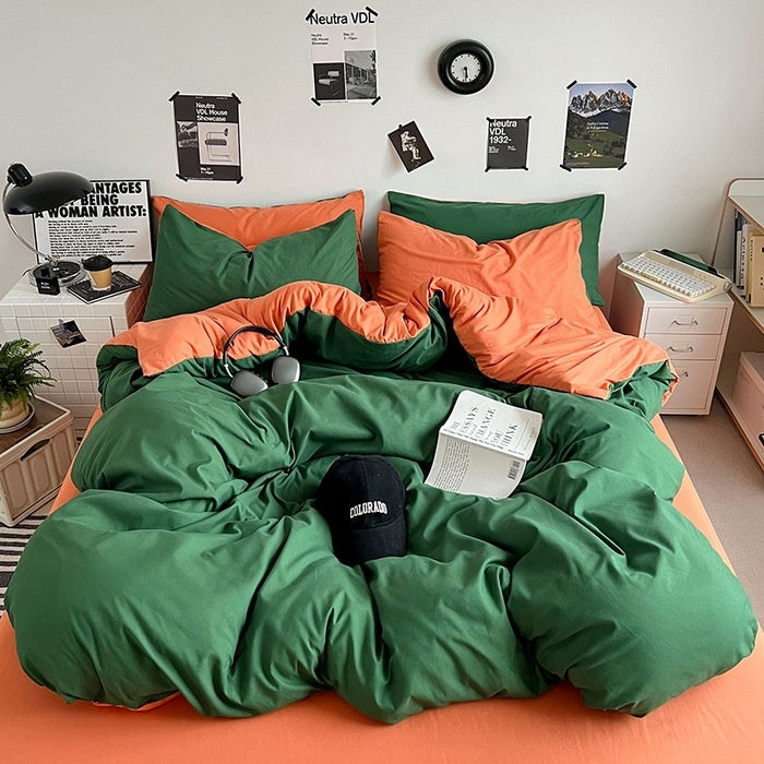 Washed Cotton Solid Color Double Spliced Four-Piece Bedding Set - Sheet, Quilt Cover, Pillowcases for Employee and Dormitory Use - Korvel