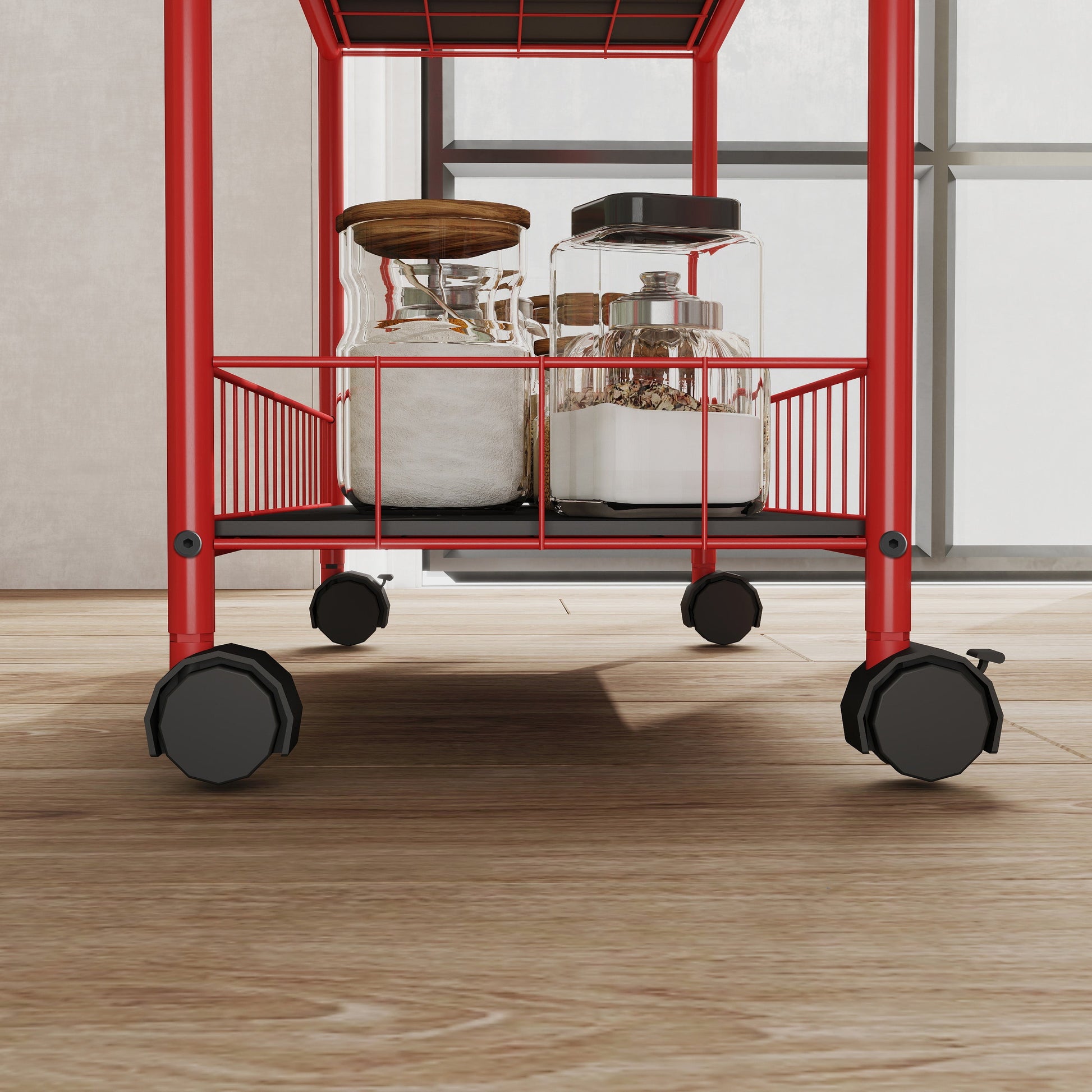 Red 6-story ultra-thin rolling storage cart, mobile shelves with wheels, metal wire storage rack with baskets - Korvel