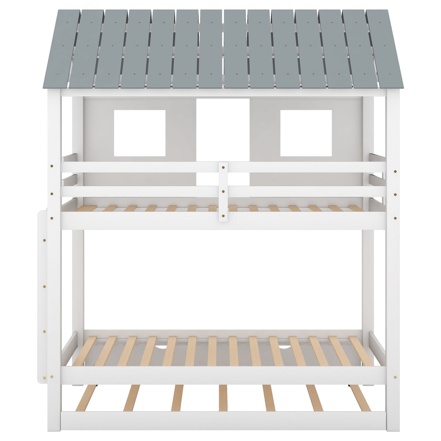 House Bunk Bed with Trundle,Roof and Windows White - Korvel