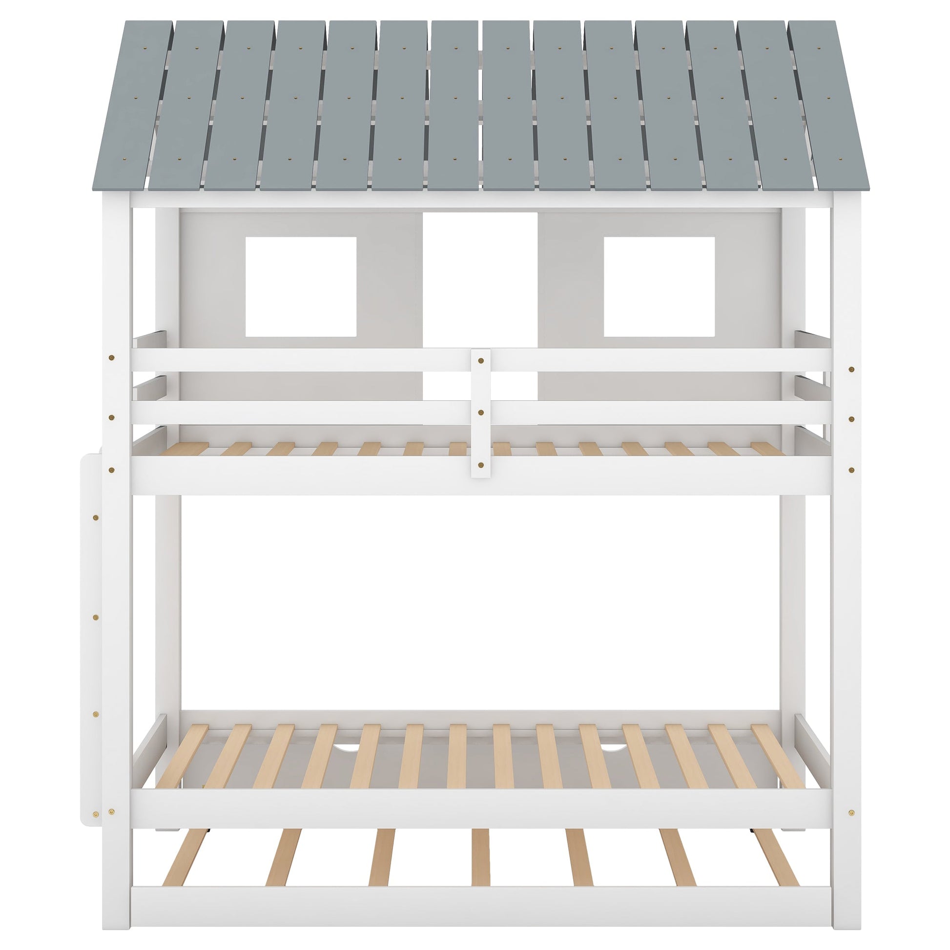 House Bunk Bed with Trundle,Roof and Windows White - Korvel