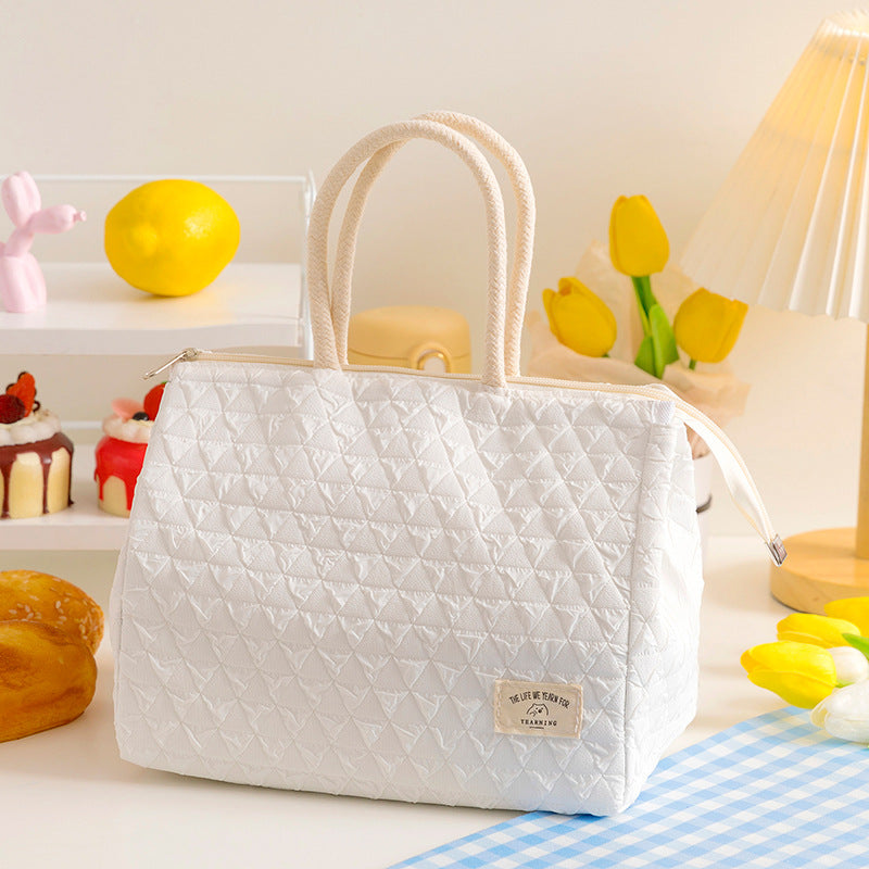 ins style small fresh outdoor large capacity picnic insulation and cold storage bag fashionable diamond pattern zipper lunch box bag student lunch bag - Korvel