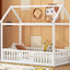 Twin Size Wood House Bed with Fence and Door, White - Korvel
