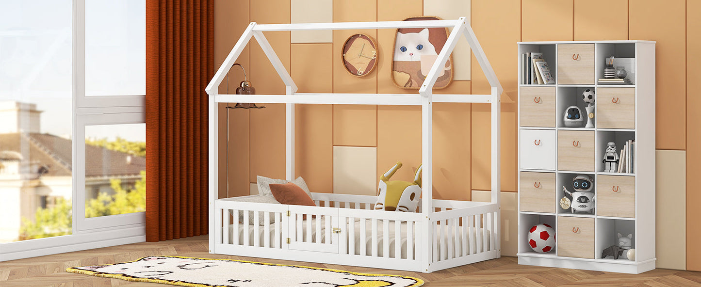 Twin Size Wood House Bed with Fence and Door, White - Korvel