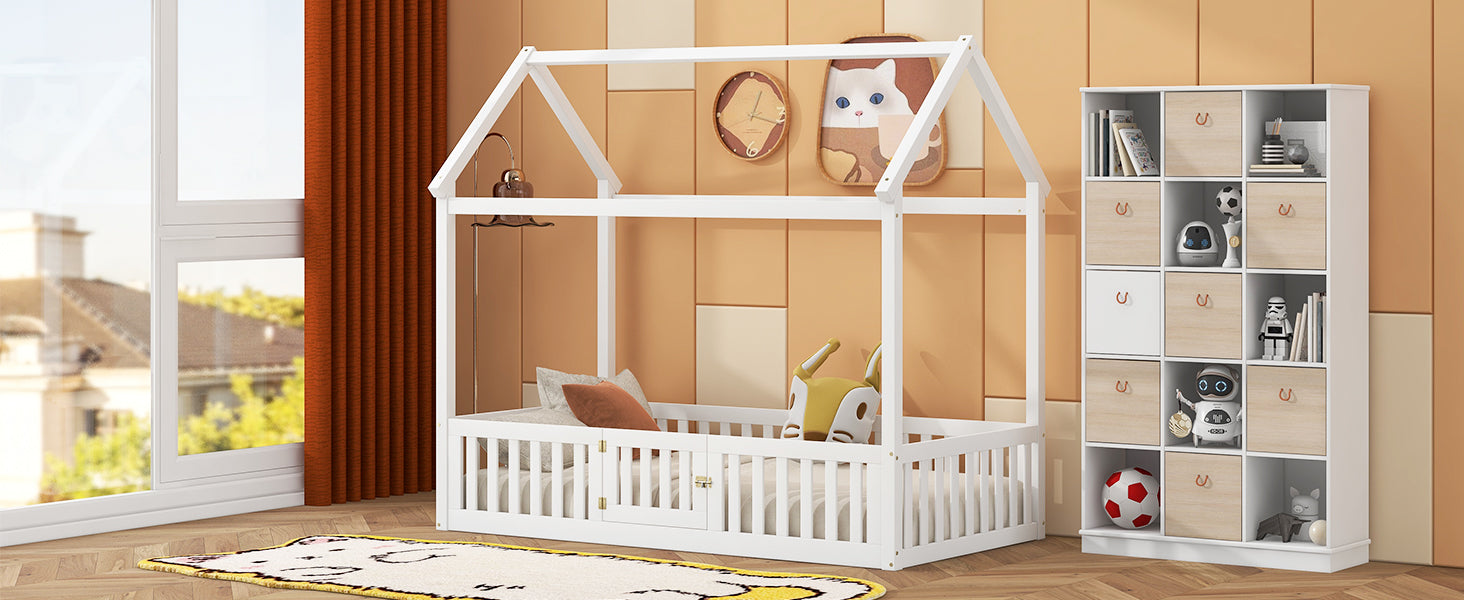 Twin Size Wood House Bed with Fence and Door, White - Korvel