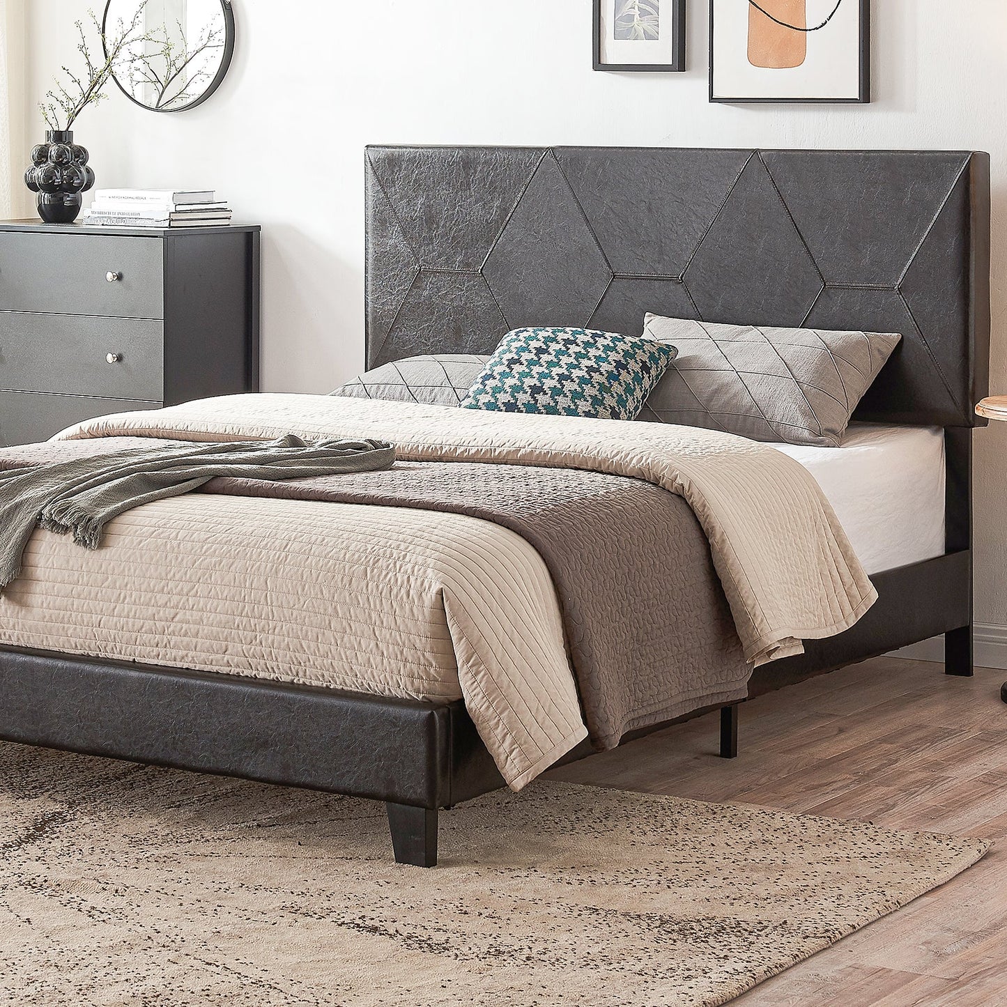 Queen Size Upholstered Platform Bed Frame Wood Slat Support Easy Assembly Black pu - Korvel