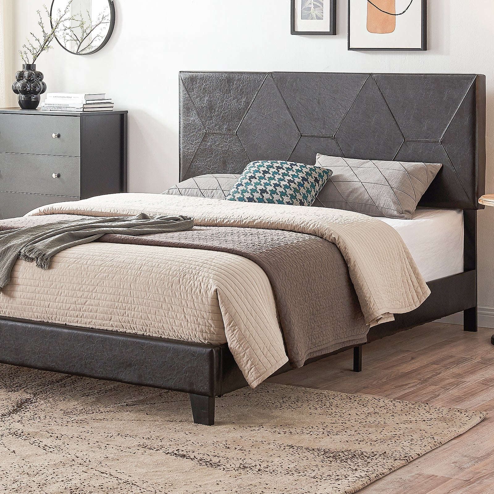 Queen Size Upholstered Platform Bed Frame Wood Slat Support Easy Assembly Black pu - Korvel