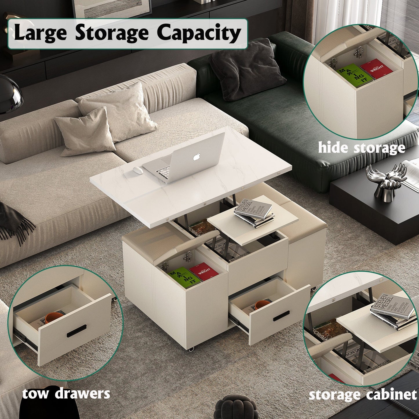 Modern Lift-Up Coffee Table with Storage and Stools