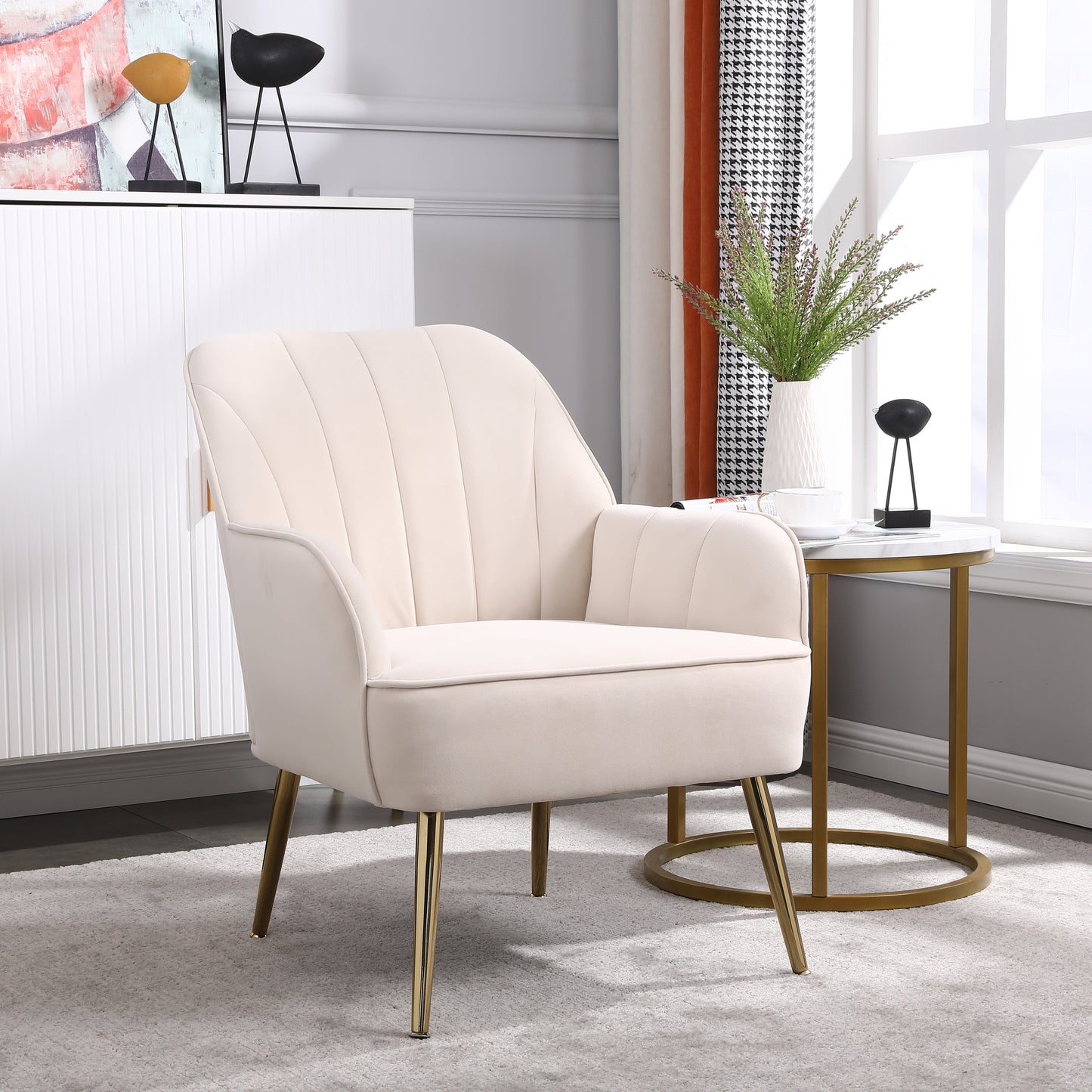 Modern Mid Century Chair velvet Sherpa Armchair for Living Room Bedroom Office Easy Assemble(BEIGE) - Korvel