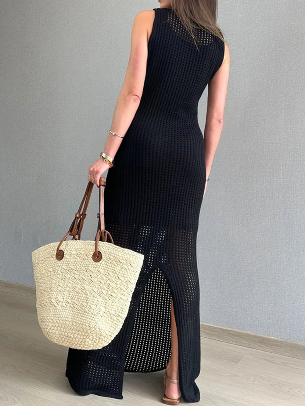 Openwork Slit Round Neck Cover-Up - Korvel