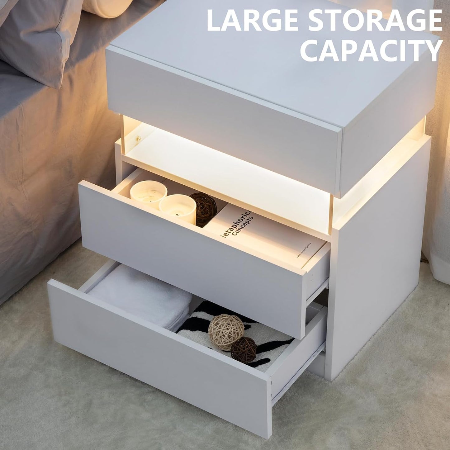 LED bedside table, bedroom, three drawers, dressing table, acrylic board, bedside furniture (white) - Korvel
