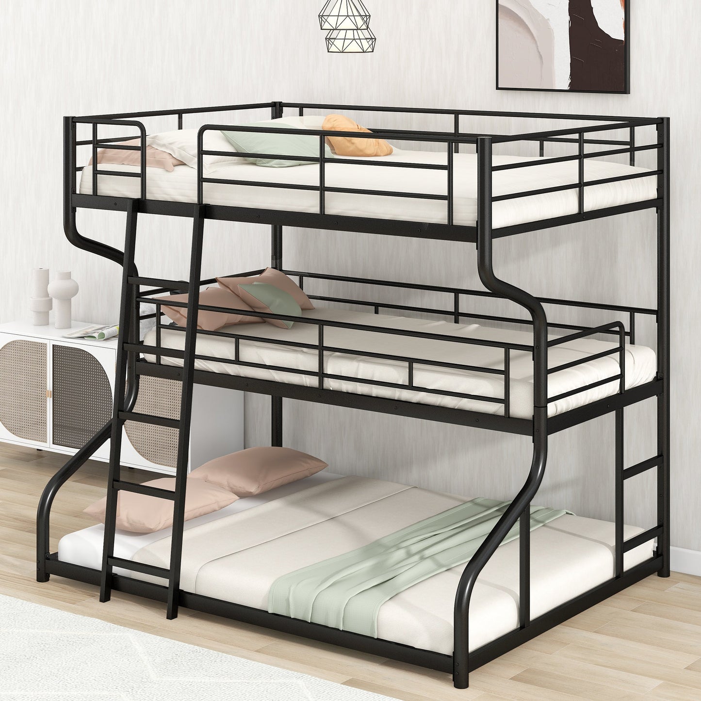 Full XL over Twin XL over Queen Size Triple Bunk Bed with Long and Short Ladder,Black - Korvel