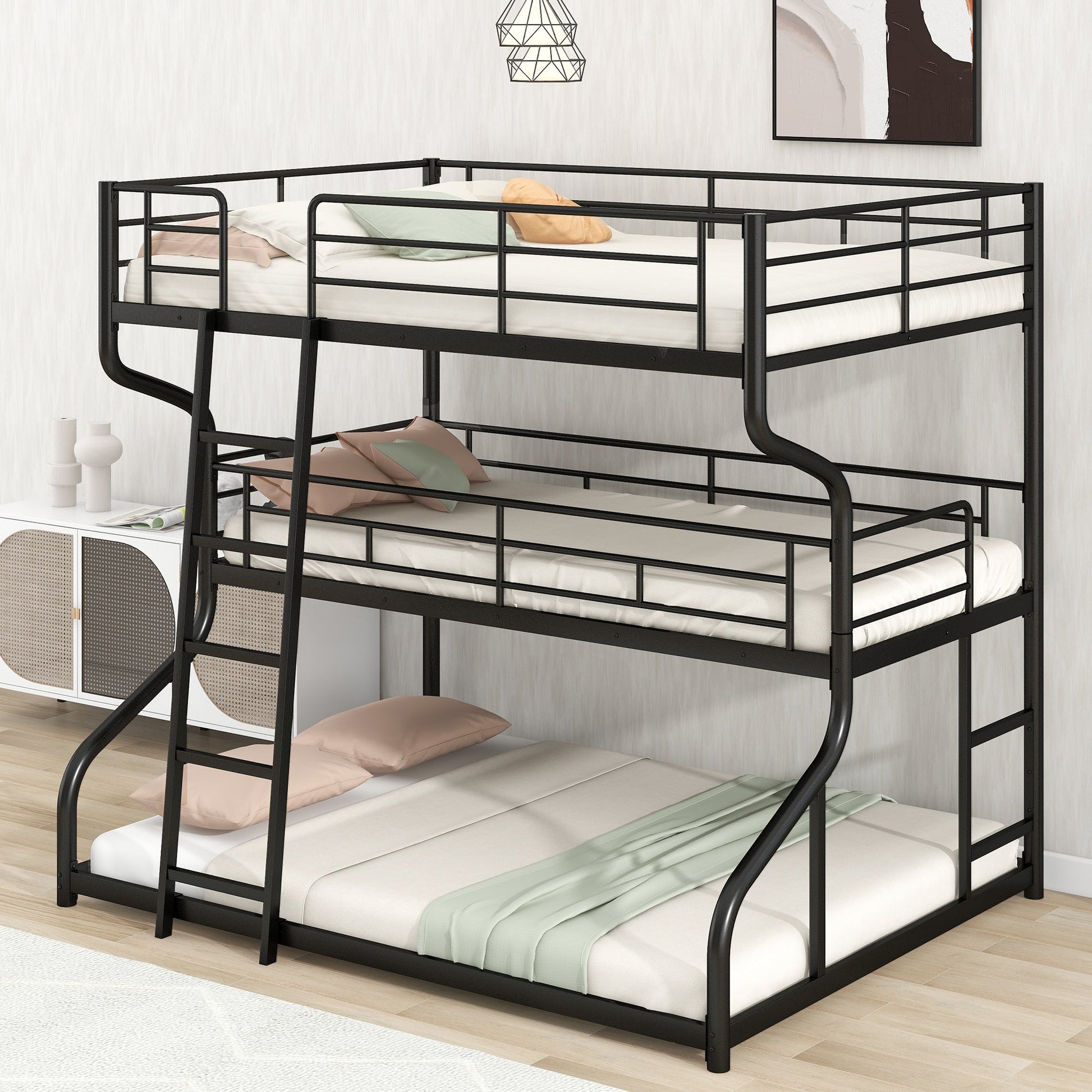 Full XL over Twin XL over Queen Size Triple Bunk Bed with Long and Short Ladder,Black - Korvel