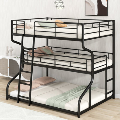 Full XL over Twin XL over Queen Size Triple Bunk Bed with Long and Short Ladder,Black - Korvel