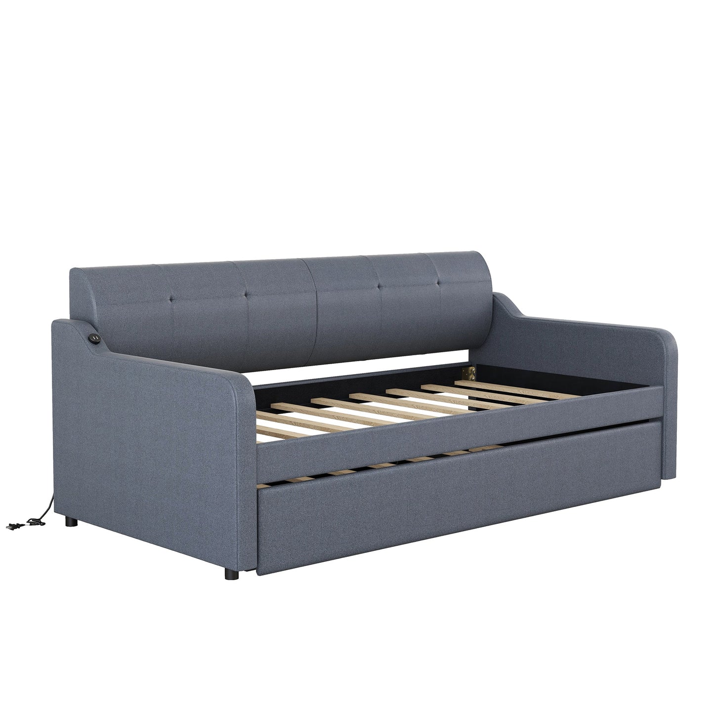 Twin Size Upholstery Daybed with Trundle & USB Charging - Gray
