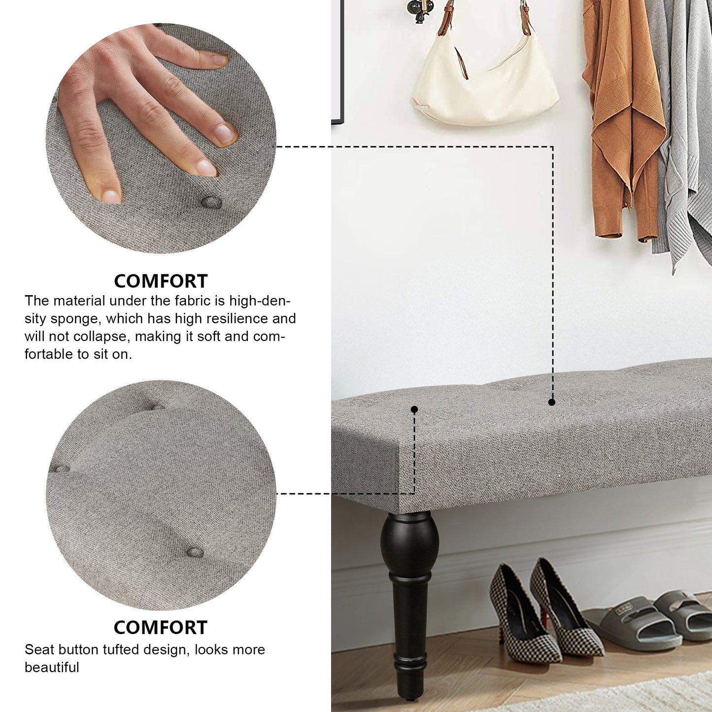 Ottoman Bench 4-thickened Roman Column Feet French Upholstered Bedside Bench For Bedroom Living Room Entryway - Korvel