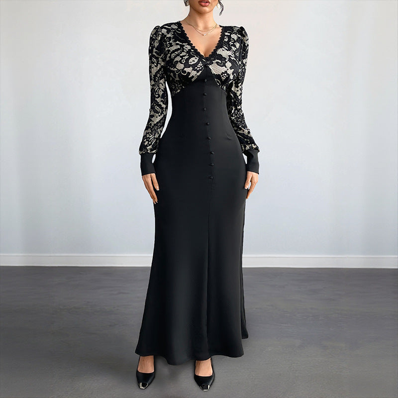 Sexy Retro Lace Splicing Long Sleeve V-neck Dress for Evening and Date - Korvel