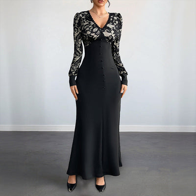 Sexy Retro Lace Splicing Long Sleeve V-neck Dress for Evening and Date - Korvel