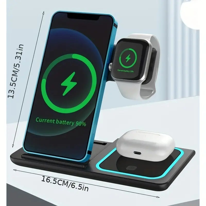 3 In 1 Wireless Charger Stand Pad For IPhone 14 13 12 11 X iWatch 8 7 Airpods Foldable 15W Phone Fast Charging Dock Station - Korvel