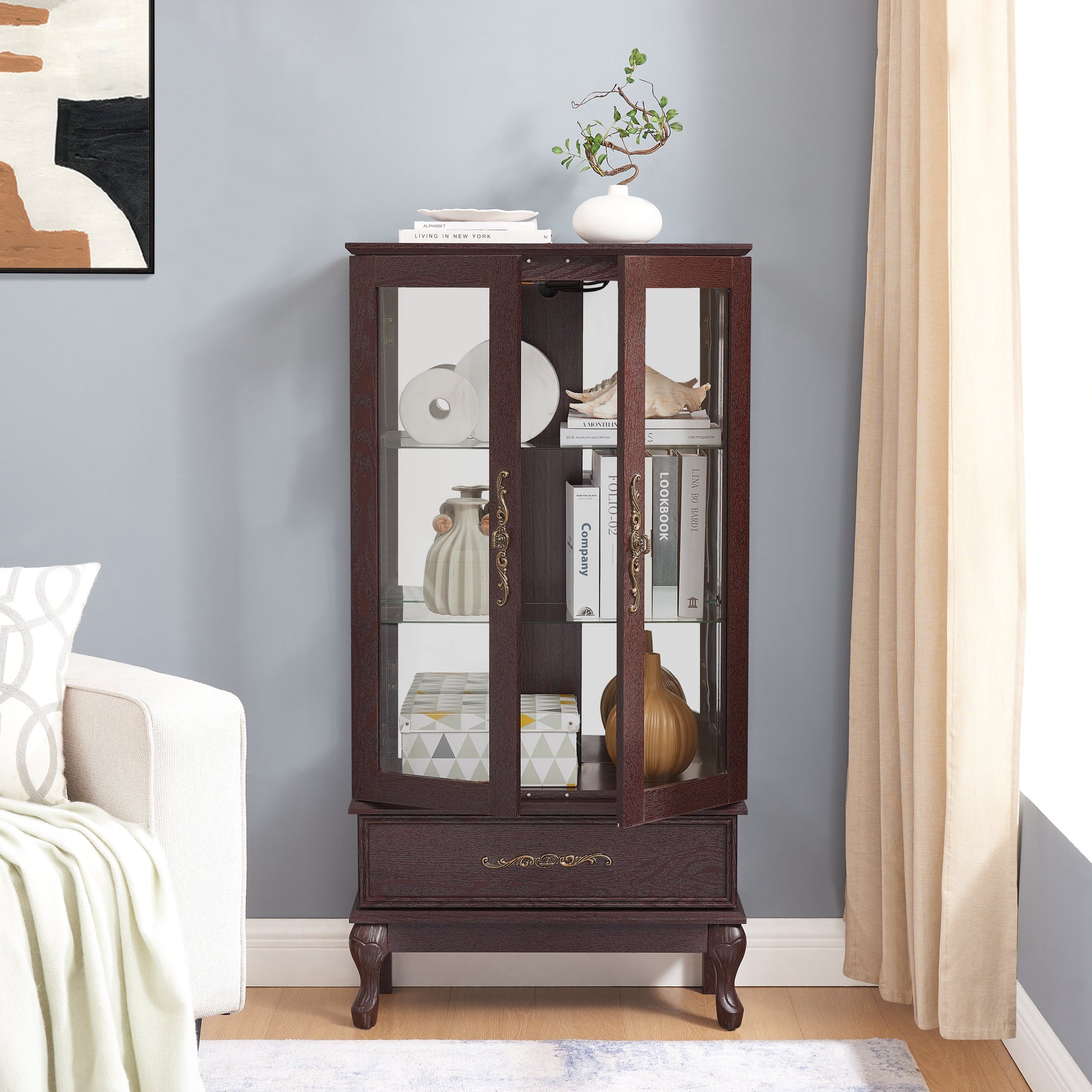 Curio cabinet lighting glass cabinet with adjustable glass frame, 2 doors and 1 drawer with light bulb, dark cherry color - Korvel