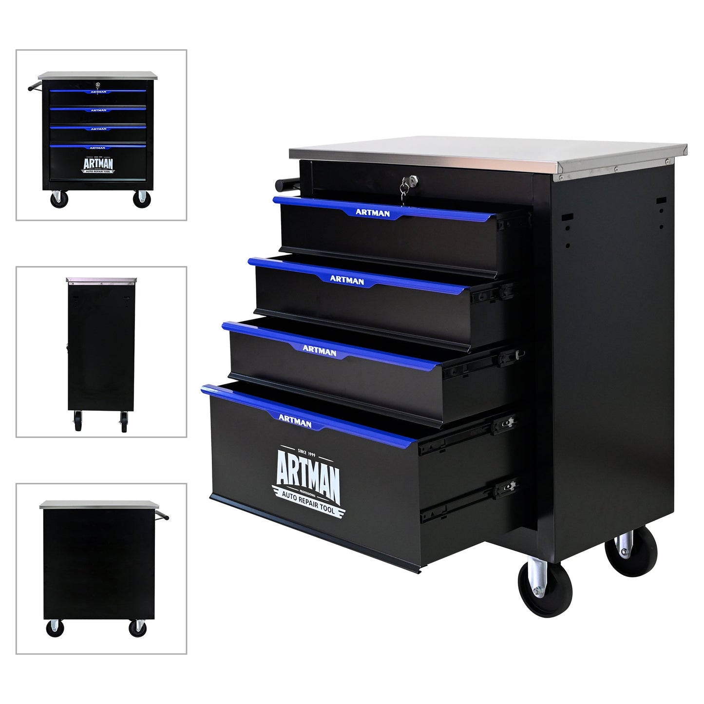 4 DRAWERS MULTIFUNCTIONAL TOOL CART WITH WHEELS-BLACK - Korvel