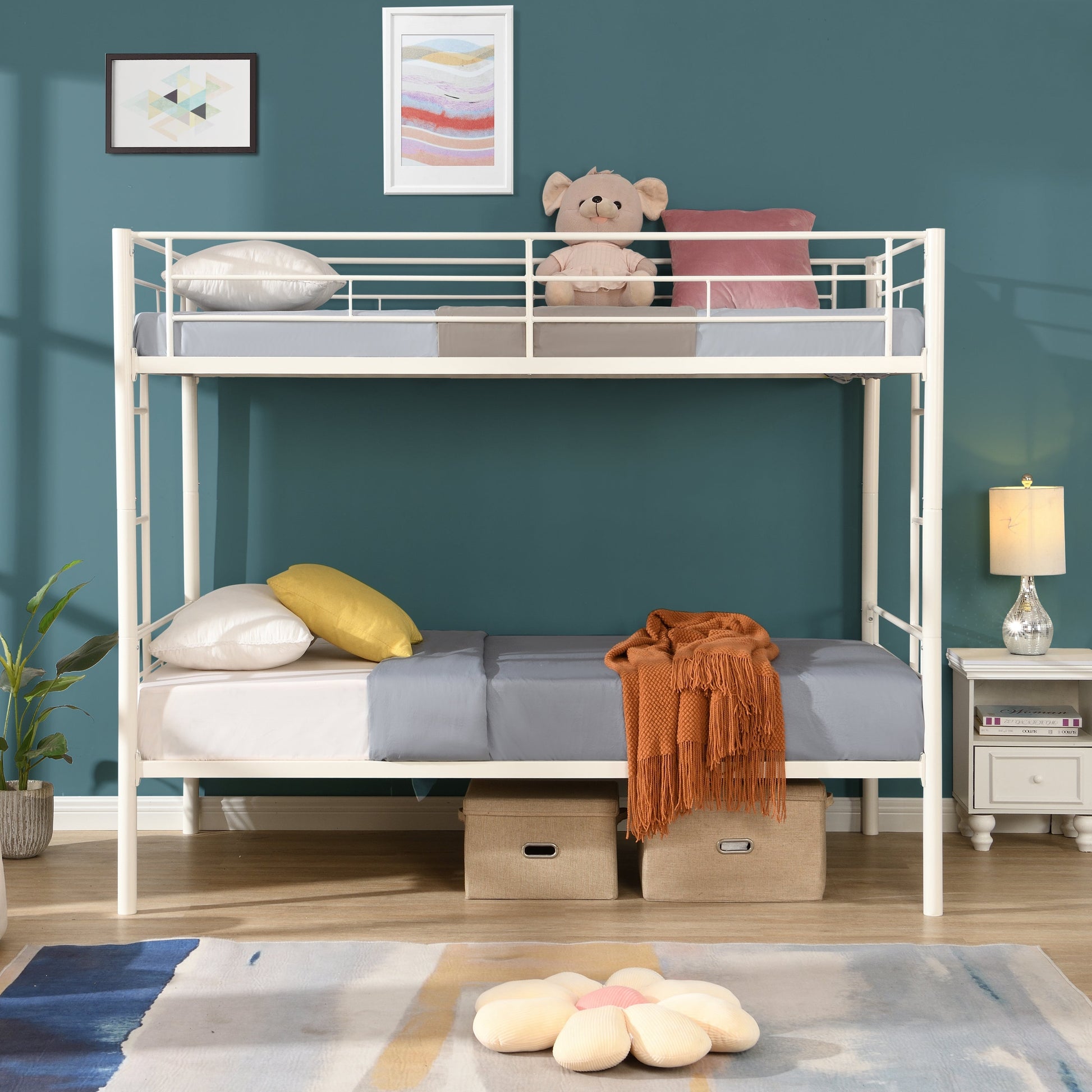 Twin metal bunk beds, metal structure bed frame with safety guardrails and 2 ladders, convertible bunk beds, white - Korvel