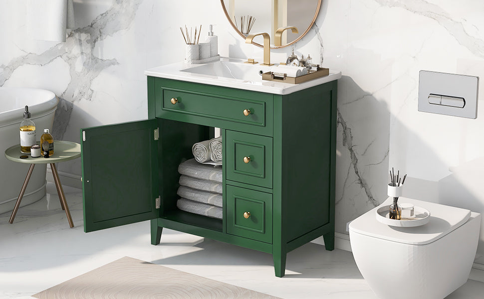 Vanidad de baño verde de 30" con lavabo y almacenamiento