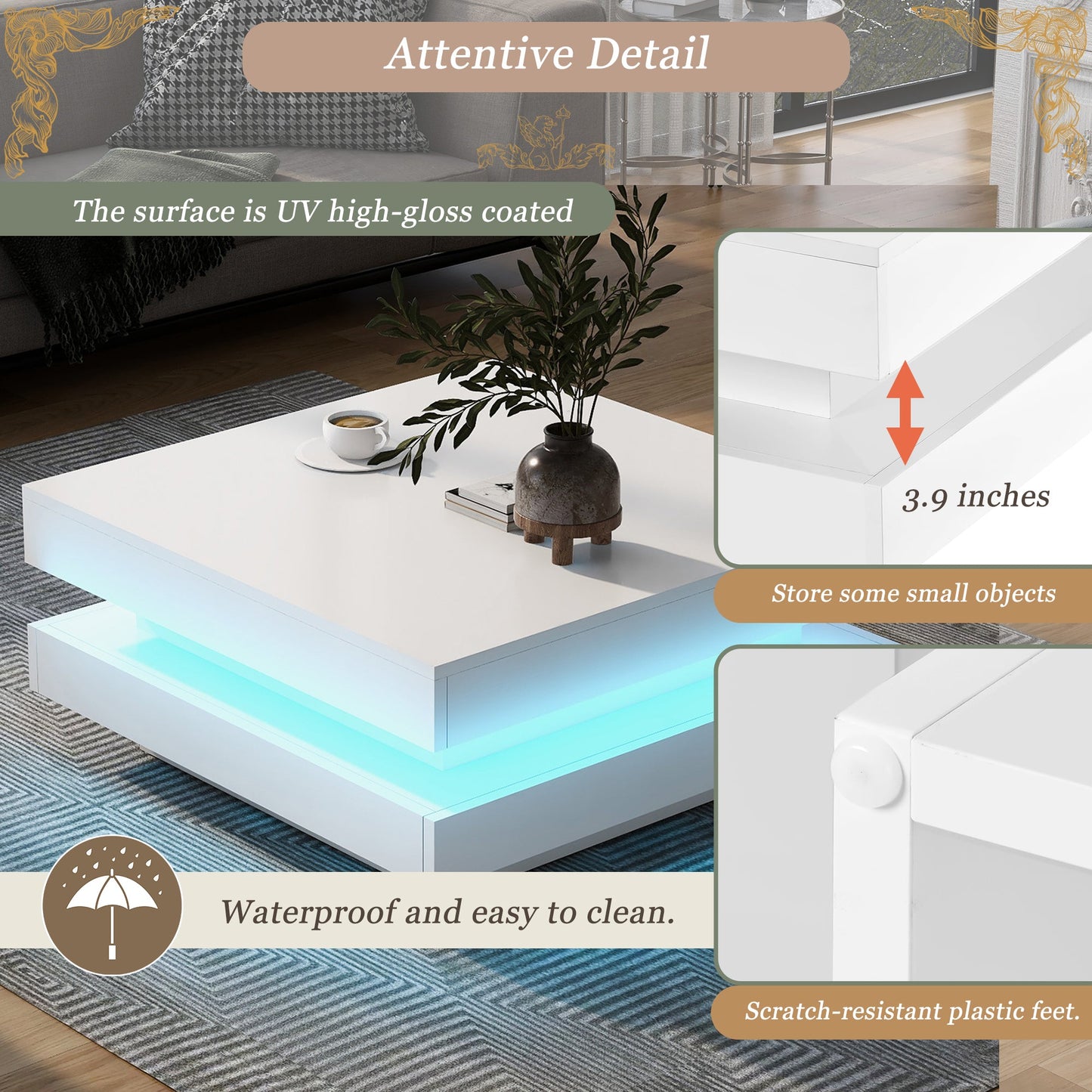 ON-TREND High Gloss Minimalist Design with LED Lights 2-Tier Square Coffee Table White - Korvel