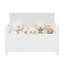 A white rubber wood children's toy box with soft cushioned seats, stools, flip covers, and safety hinges for toy storage - Korvel