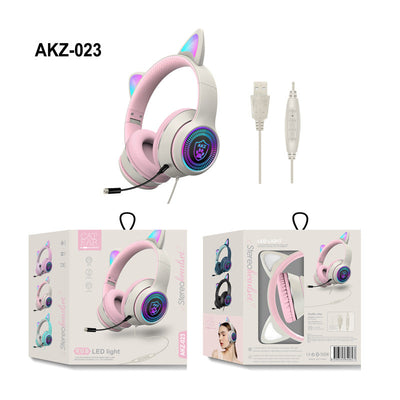 AKZ-023 New RGB Luminous Cat Ear Wired Headset USB With Sound Card Game Headset Learning Headset - Korvel