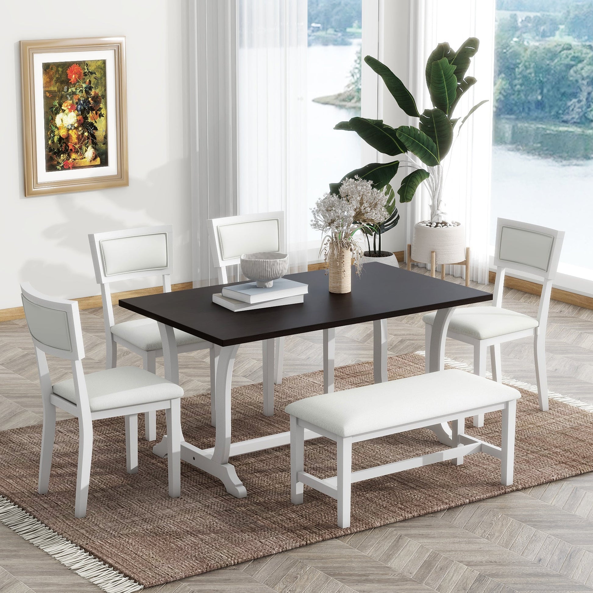 TOPMAX Farmhouse 6-Piece Trestle Dining Table Set with Upholstered Dining Chairs and Bench  59inch, White - Korvel