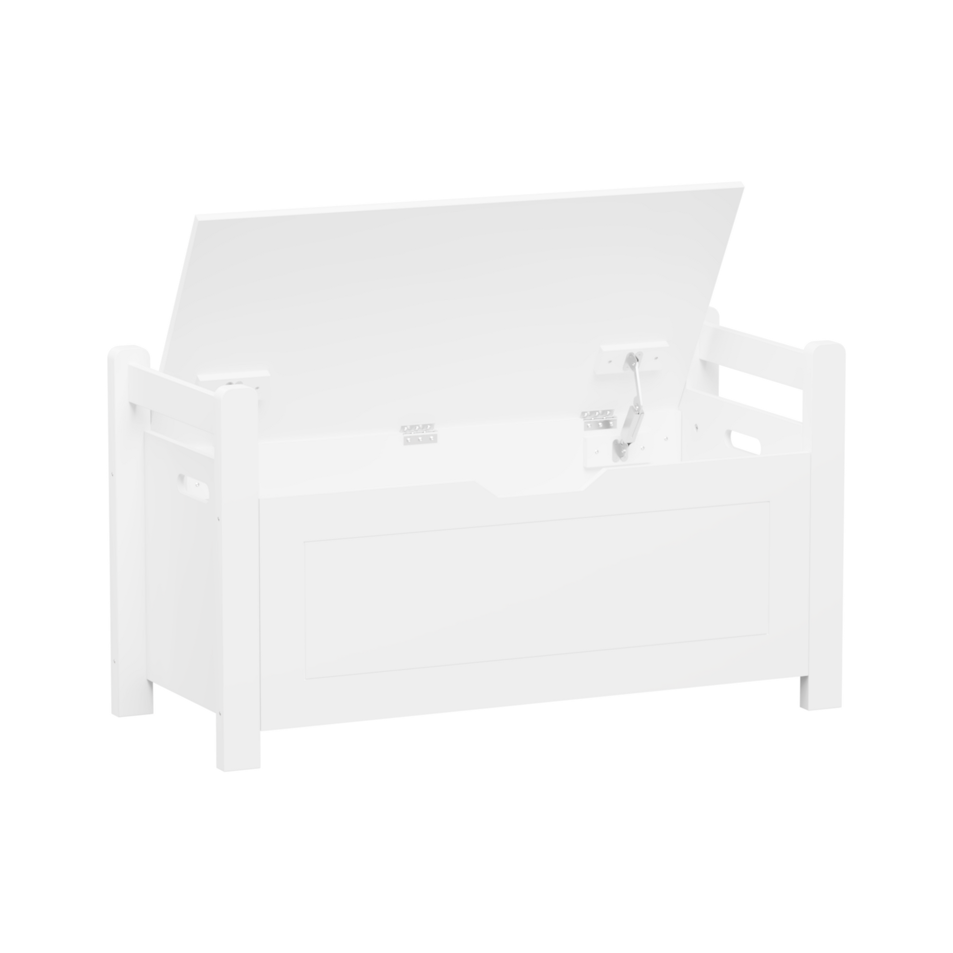 A white rubber wood children's toy box with soft cushioned seats, stools, flip covers, and safety hinges for toy storage - Korvel