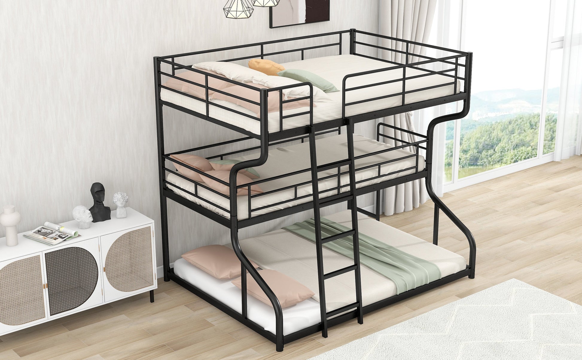 Full XL over Twin XL over Queen Size Triple Bunk Bed with Long and Short Ladder,Black - Korvel