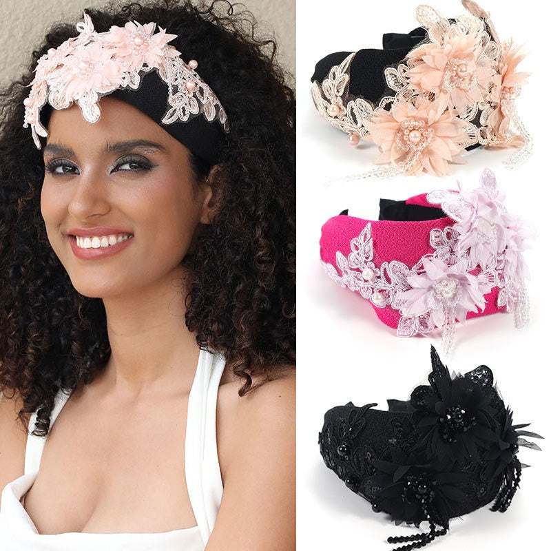 Hand embroidered three-dimensional simulation crystal flower headband pearl headband - Korvel