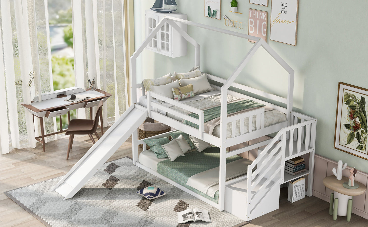 Twin over Twin House Bunk Bed with Convertible Slide,Storage Staircase,White - Korvel