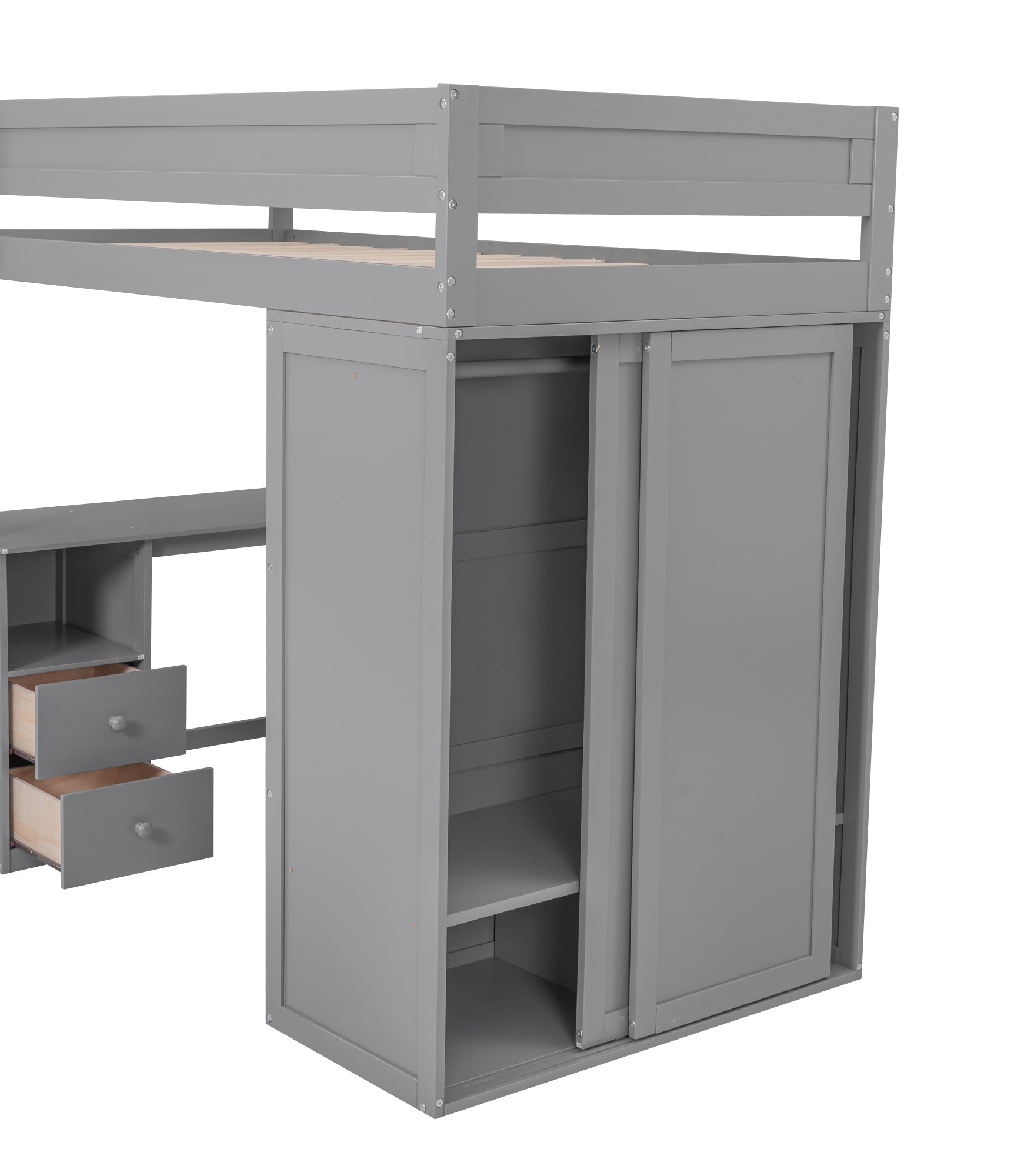 Wood Twin Size Loft Bed with Wardrobes and 2-Drawer Desk with Cabinet Gray - Korvel