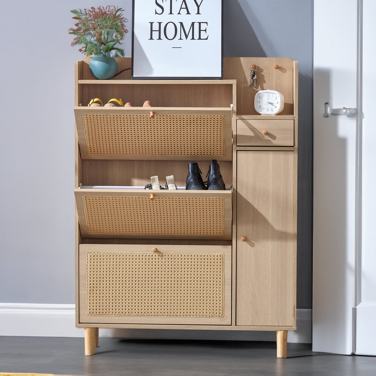 Modern minimalist storage cabinet MDF bed top cabinet Japanese rattan shoe cabinet, small home furniture - Korvel