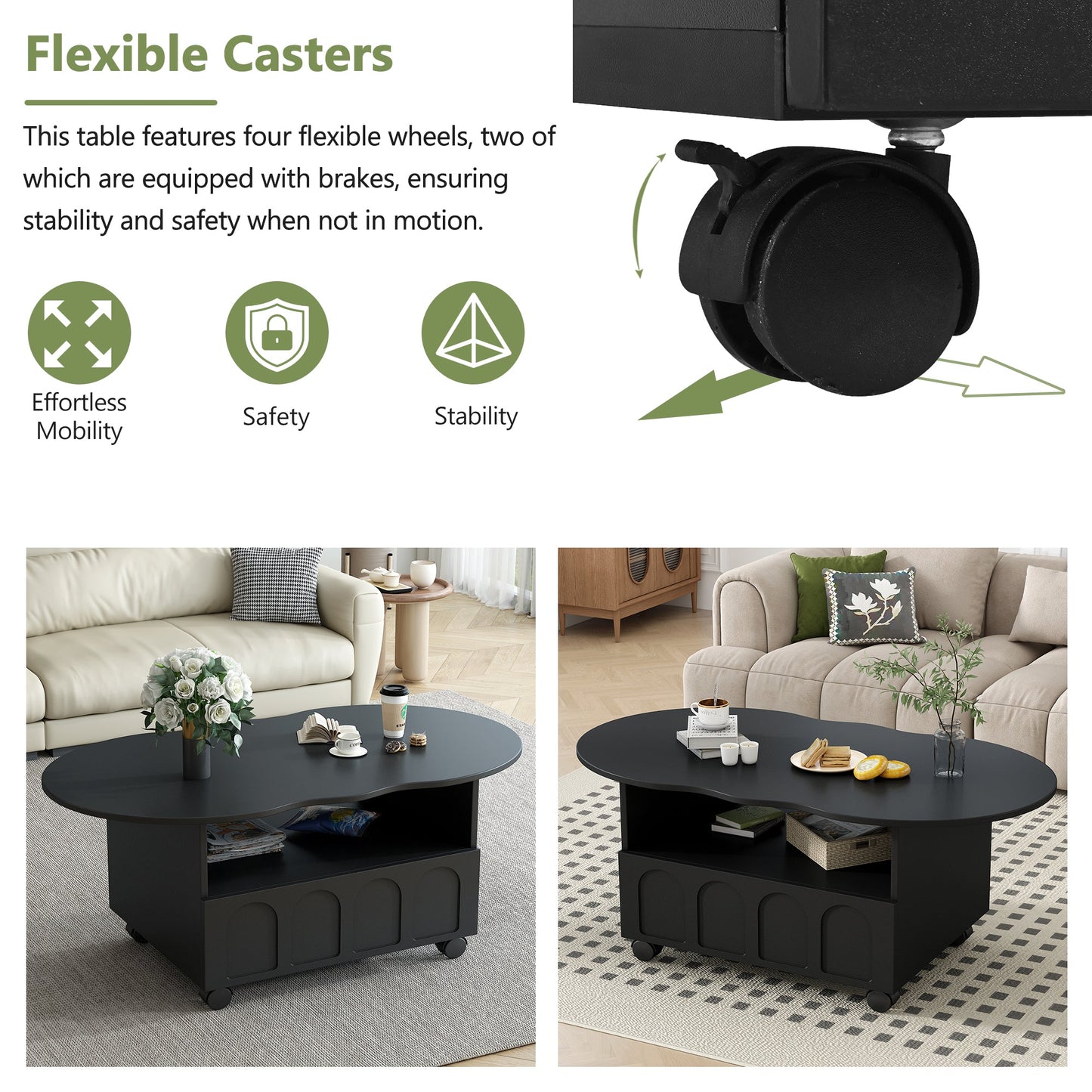 ON-TRANS flexible cream style coffee table with 2 brake wheels, drawers, large storage space,black, 39.37 '' x 23.6 '' - Korvel