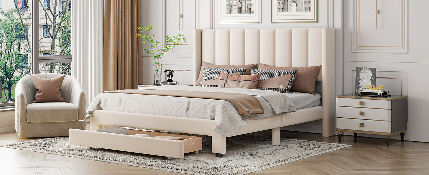 Queen Size Storage Bed Velvet Upholstered Platform Bed with a Big Drawer - Beige - Korvel