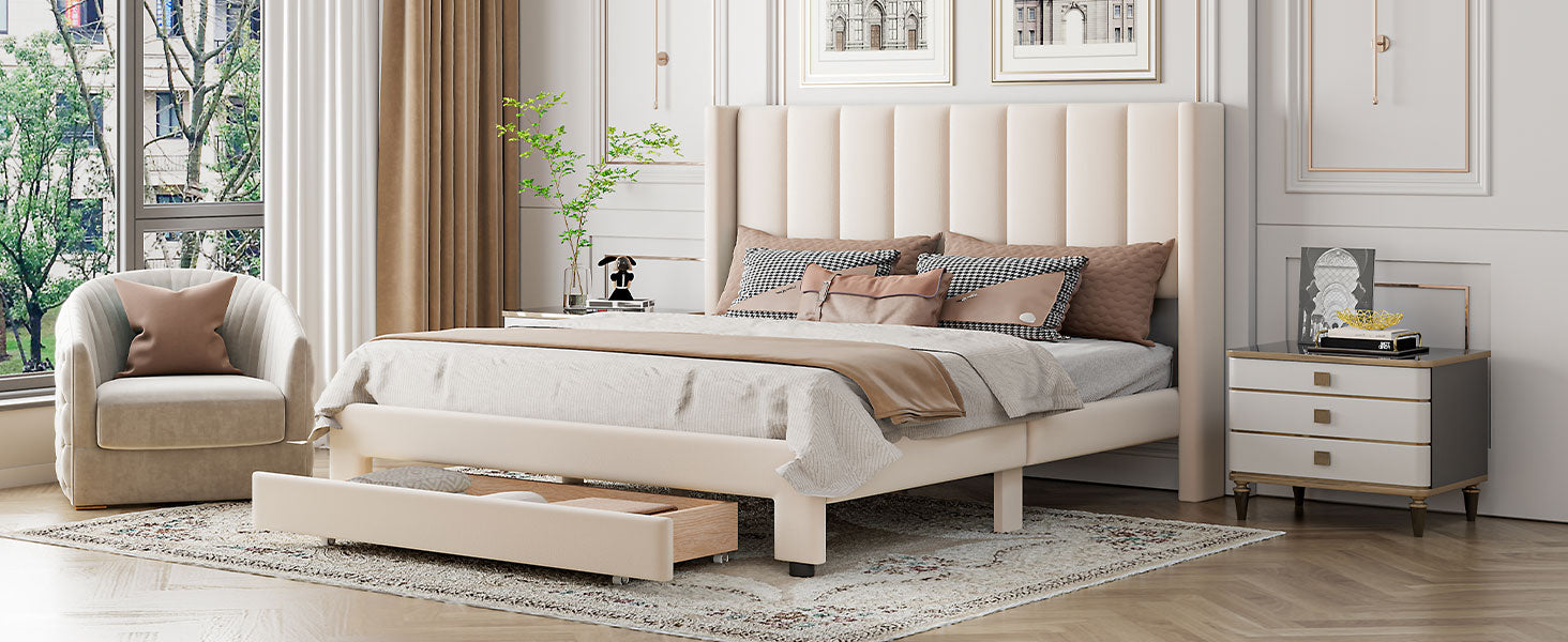 Queen Size Storage Bed Velvet Upholstered Platform Bed with a Big Drawer - Beige - Korvel