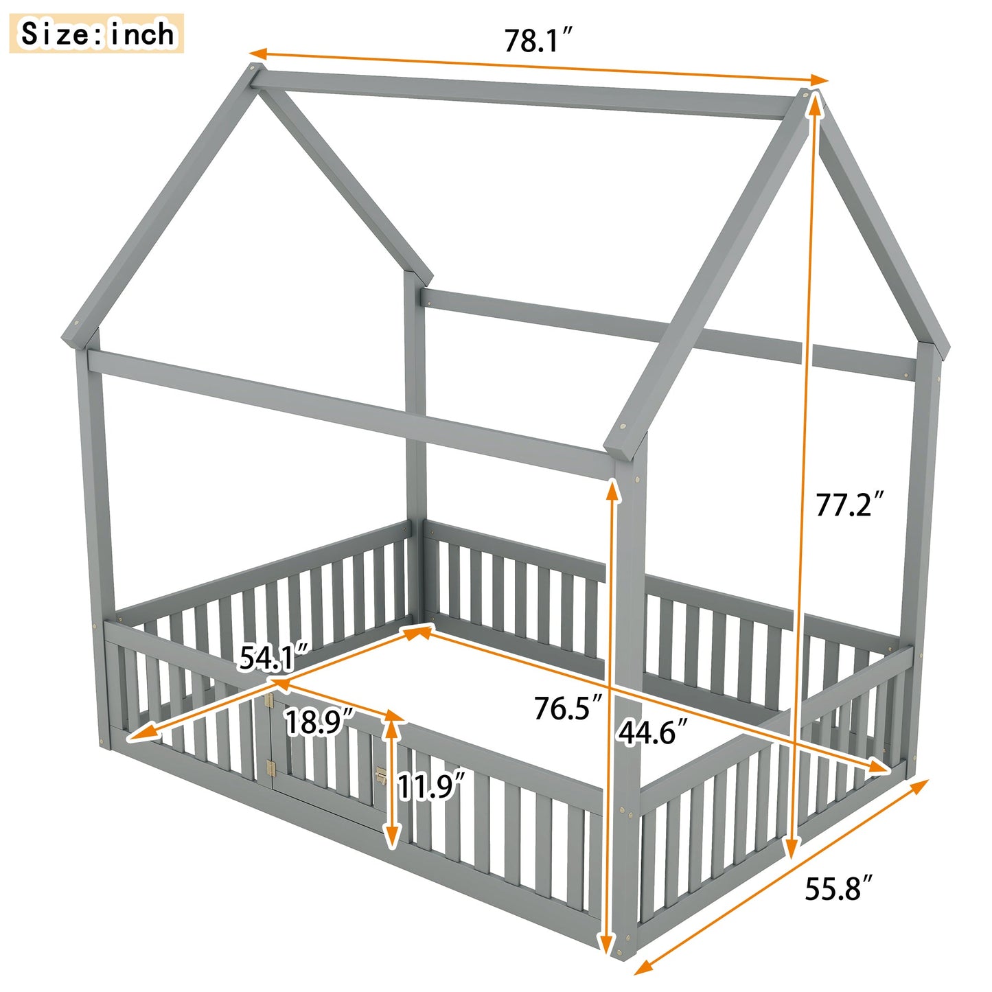 Full Size Wood House Bed with Fence and Door, Gray - Korvel