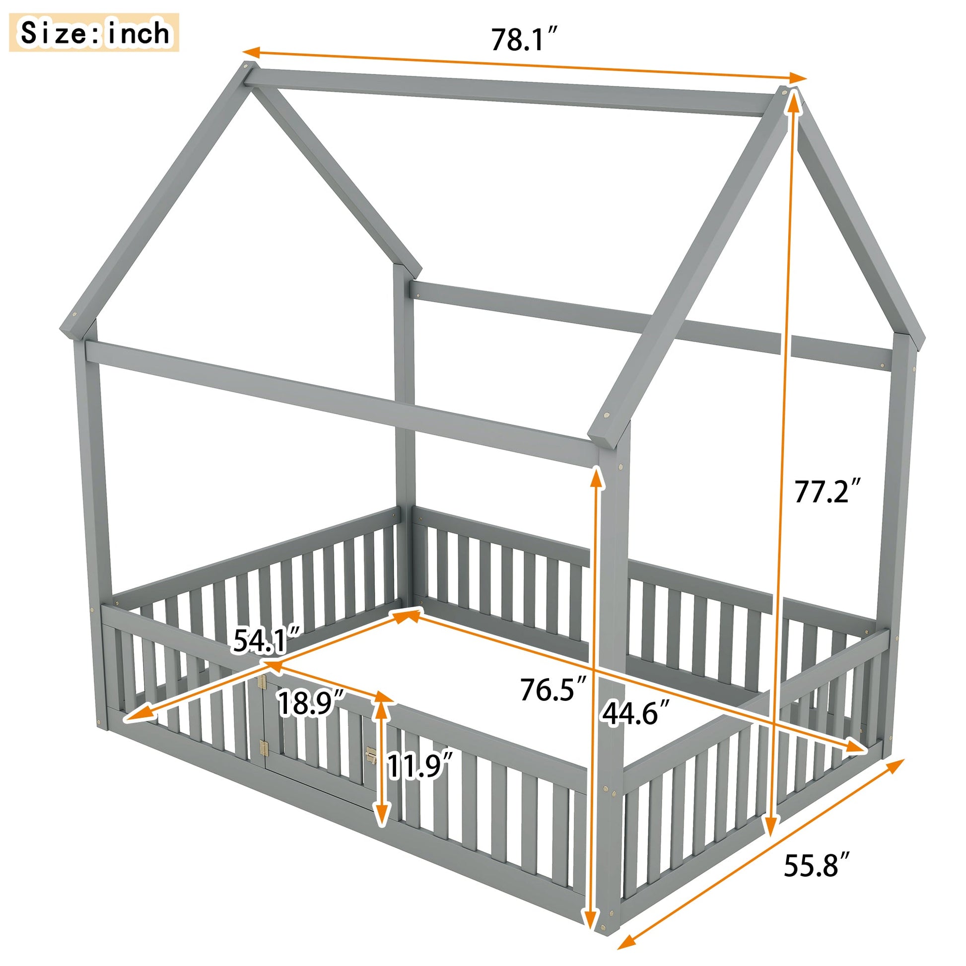 Full Size Wood House Bed with Fence and Door, Gray - Korvel