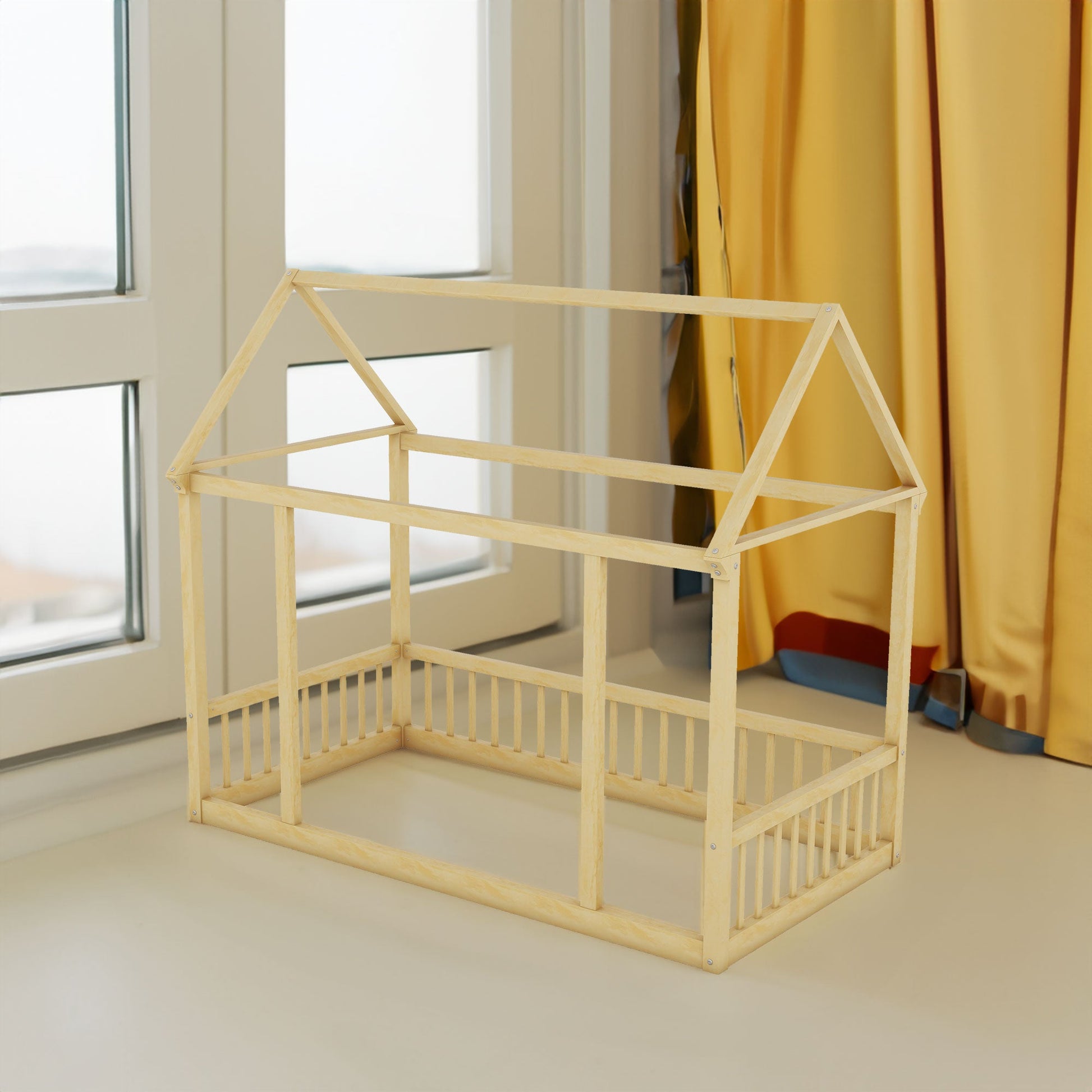 Twin Size Floor Wooden Bed with House Roof Frame and Safety Guardrails,Natural - Korvel