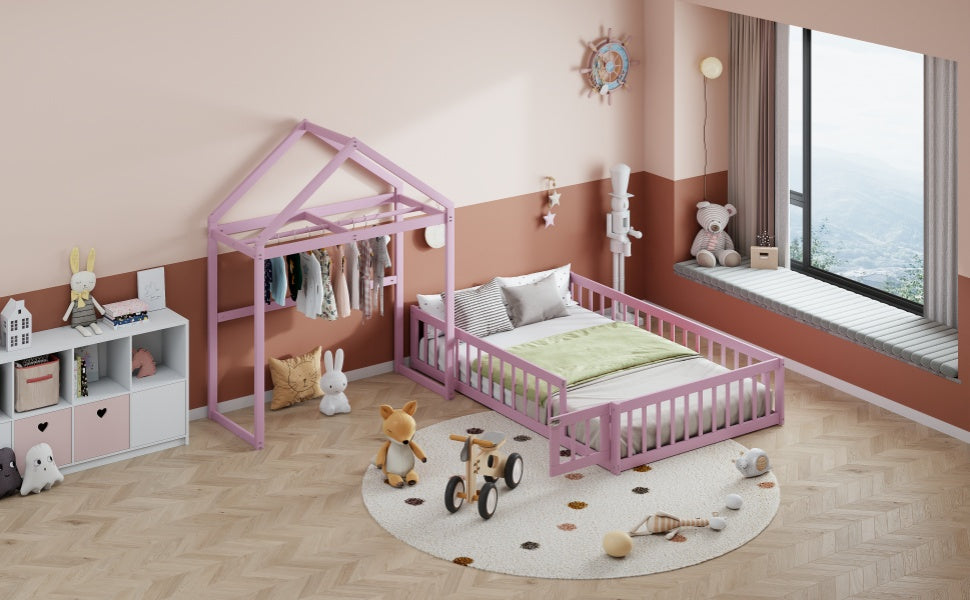 Wooden Full Size Children's Bed with Detachable Headboard and Integrated Clothes Drying Rack, Pink - Korvel