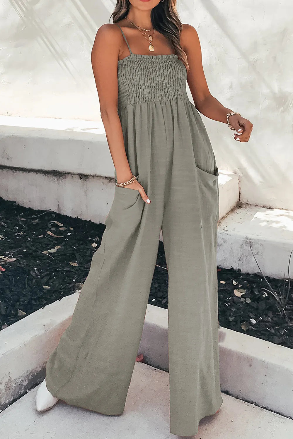 Smocked Spaghetti Strap Wide Leg Jumpsuit - Korvel