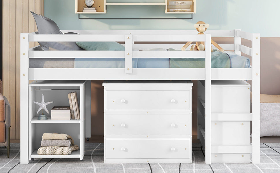 Low Study Full Loft Bed with Cabinet Shelves and Rolling Portable Desk Multiple Functions Bed- White - Korvel