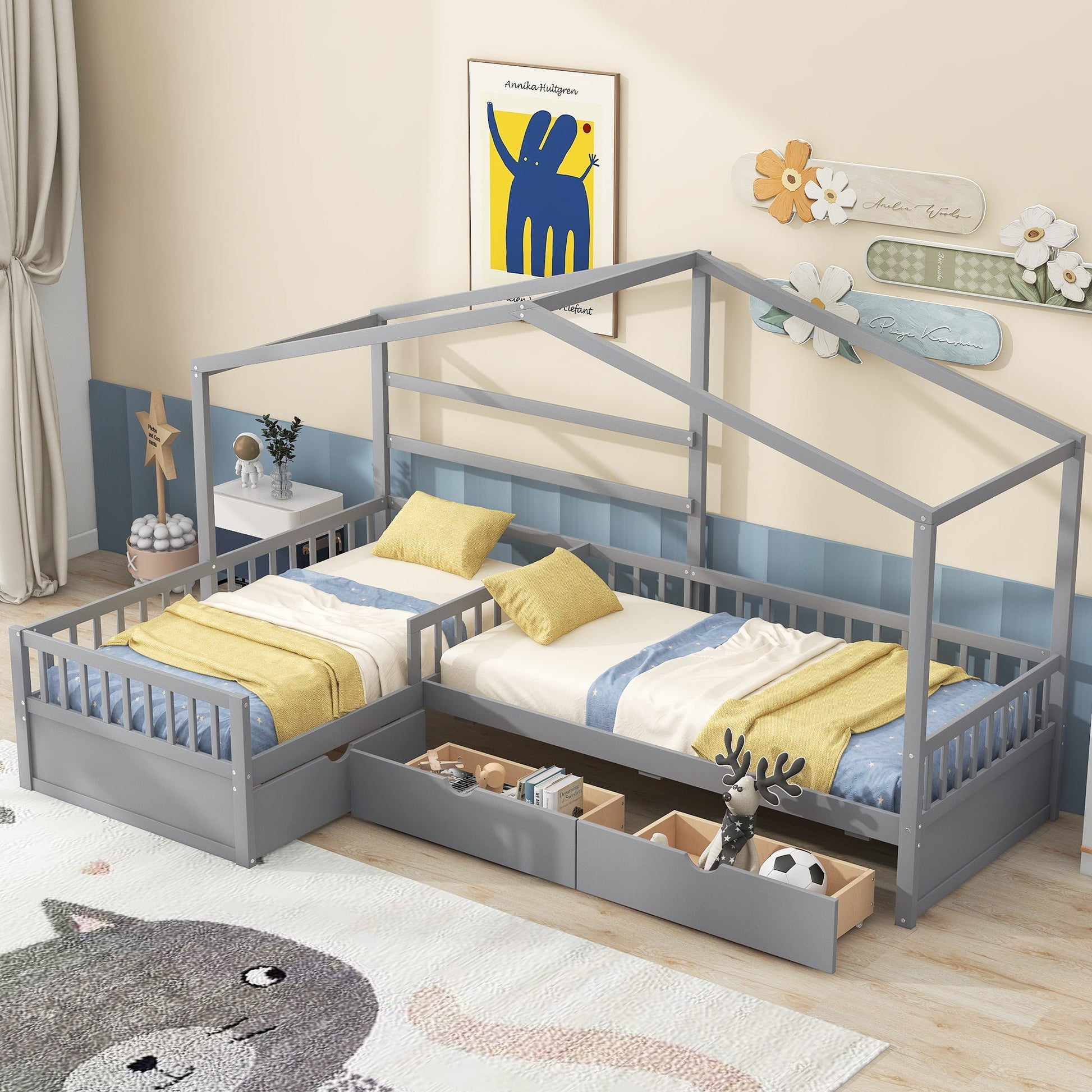 Twin Size House Platform Bed with Three Storage Drawers Gray - Korvel