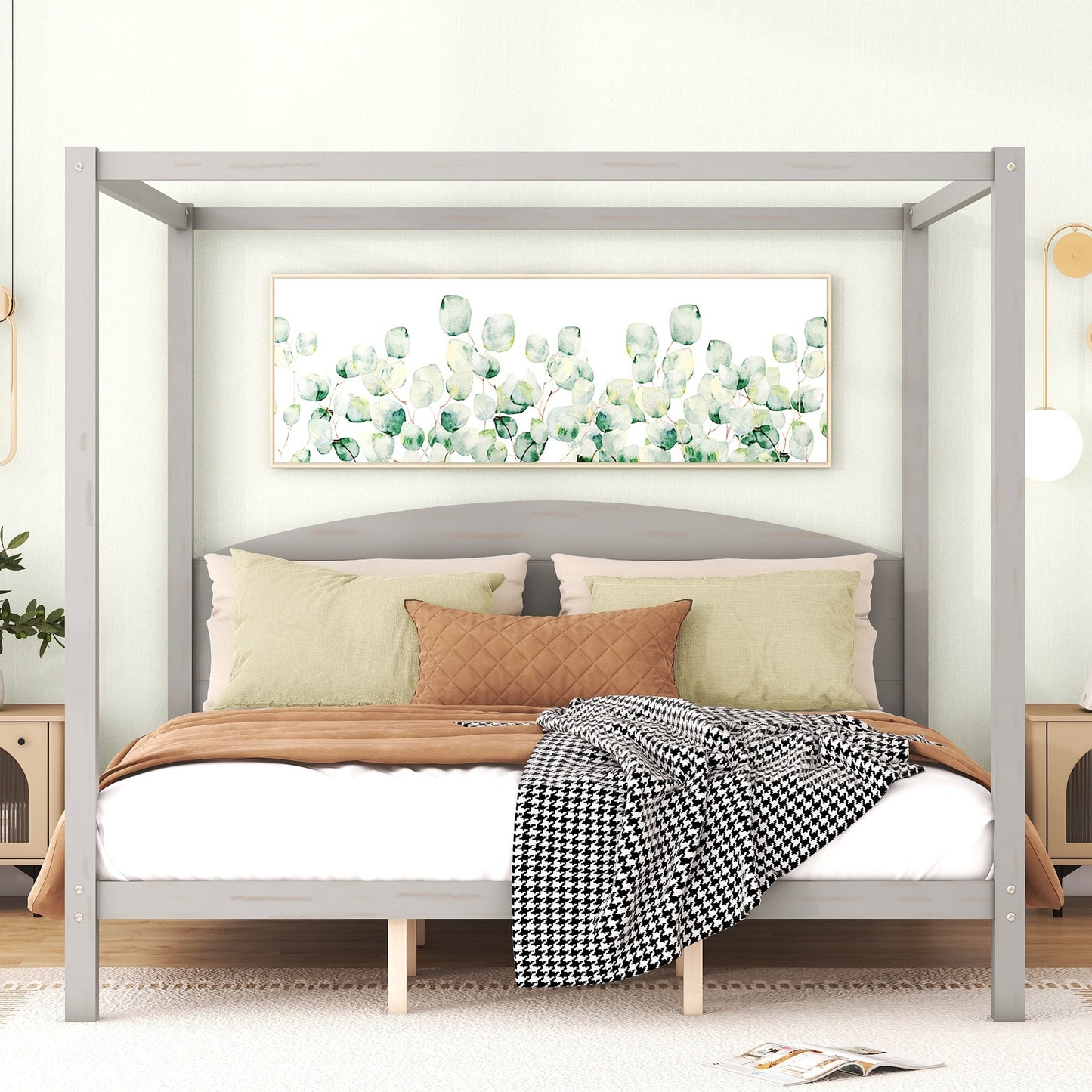 King Size Canopy Platform Bed with Headboard and Support Legs, Grey Wash - Korvel
