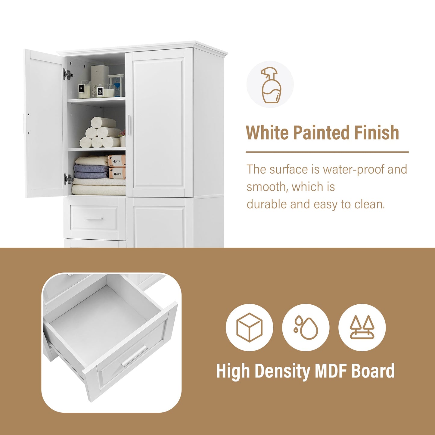 Tall and Wide Storage Cabinet with Doors for Bathroom/Office, Three Drawers, White - Korvel