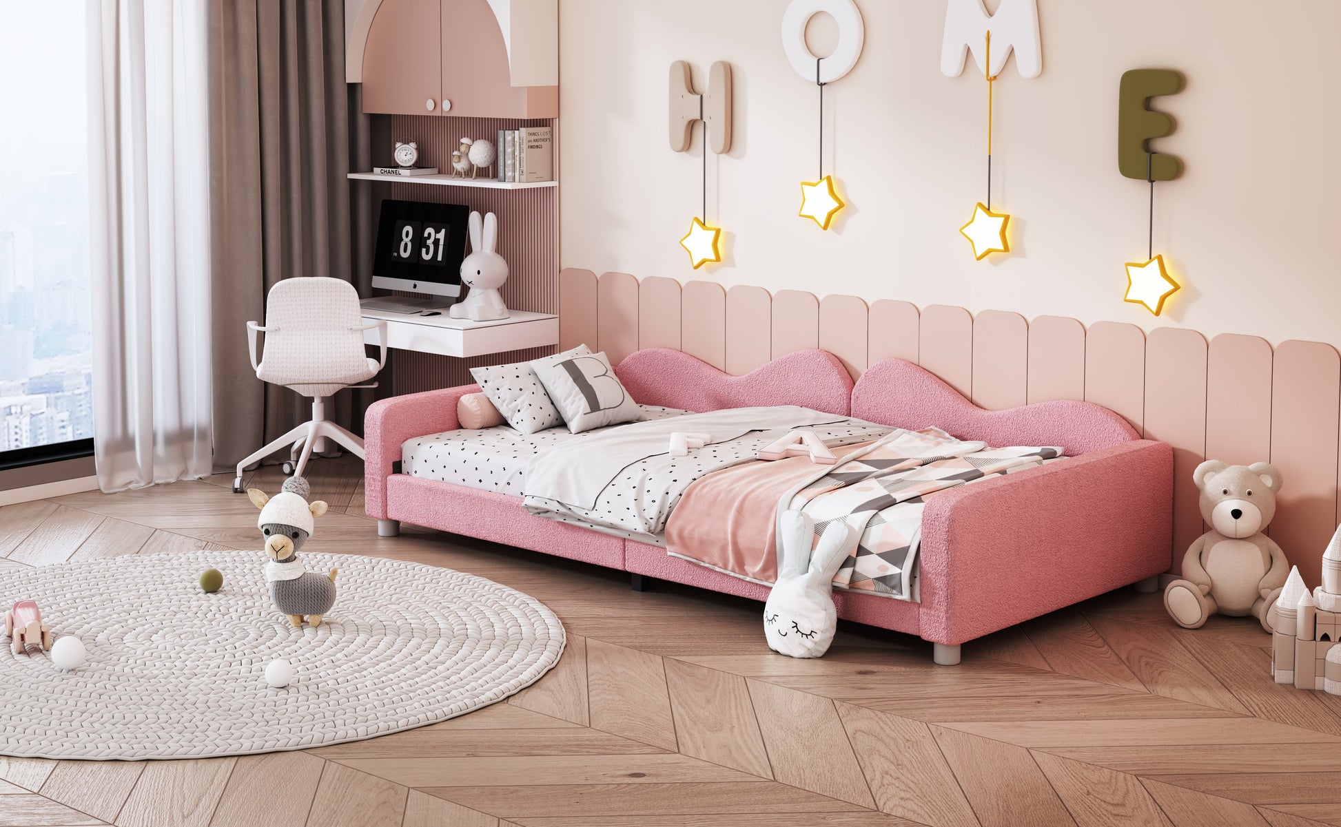 Twin size Upholstered Daybed, Sherpa Fabric Sofabed with Cloud-Shaped Backrest, No Box-spring Needed, Pink - Korvel